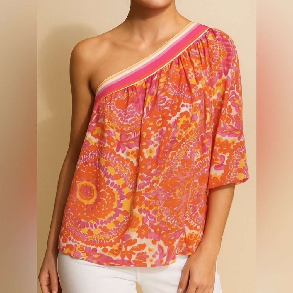 Trina Turk One Shoulder Linen Blend Top EUC